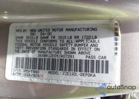 2000 Toyota Corolla Ce из США, поврежденный, VIN 1NXBR12E0YZ407281